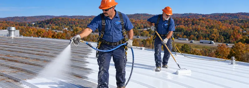 Crew spraying and rolling coating on metal panels