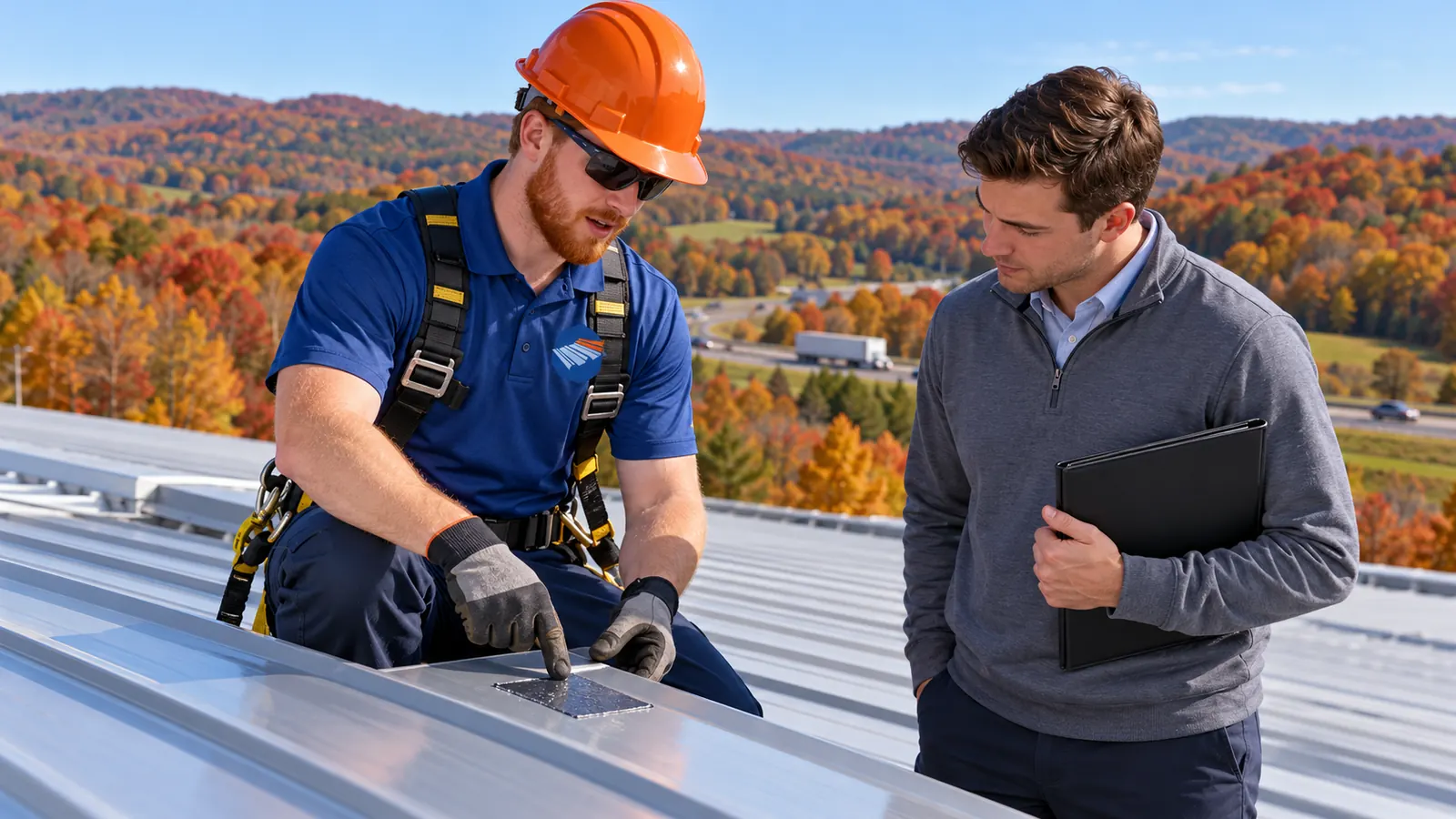Roofer in a logo uniform checking a panel seam with a building manager on a metal roof in Elizabethtown, KY