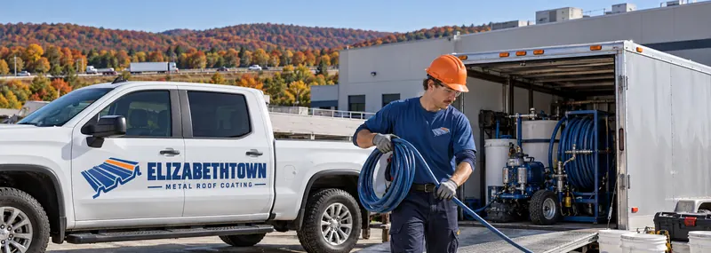 Service truck with crew unloading coating equipment at a commercial building