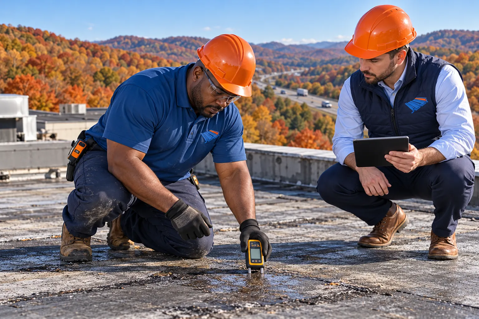 Roofer taking a moisture reading on a commercial roof