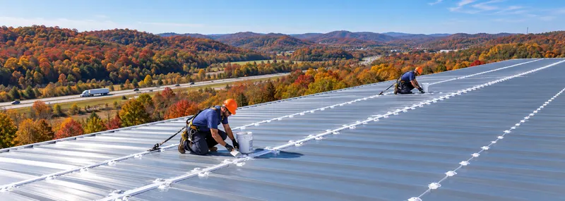 Crew sealing panel seams on a metal roof