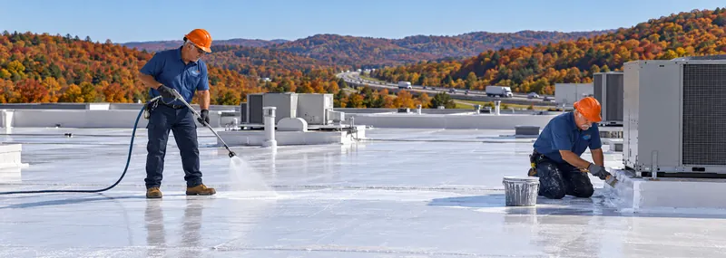 Crew spraying white silicone beside rooftop units on a low-slope commercial roof