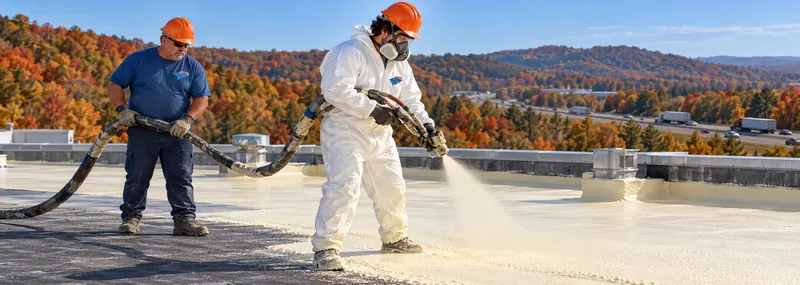 Crew in protective suit spraying closed-cell foam on a commercial roof