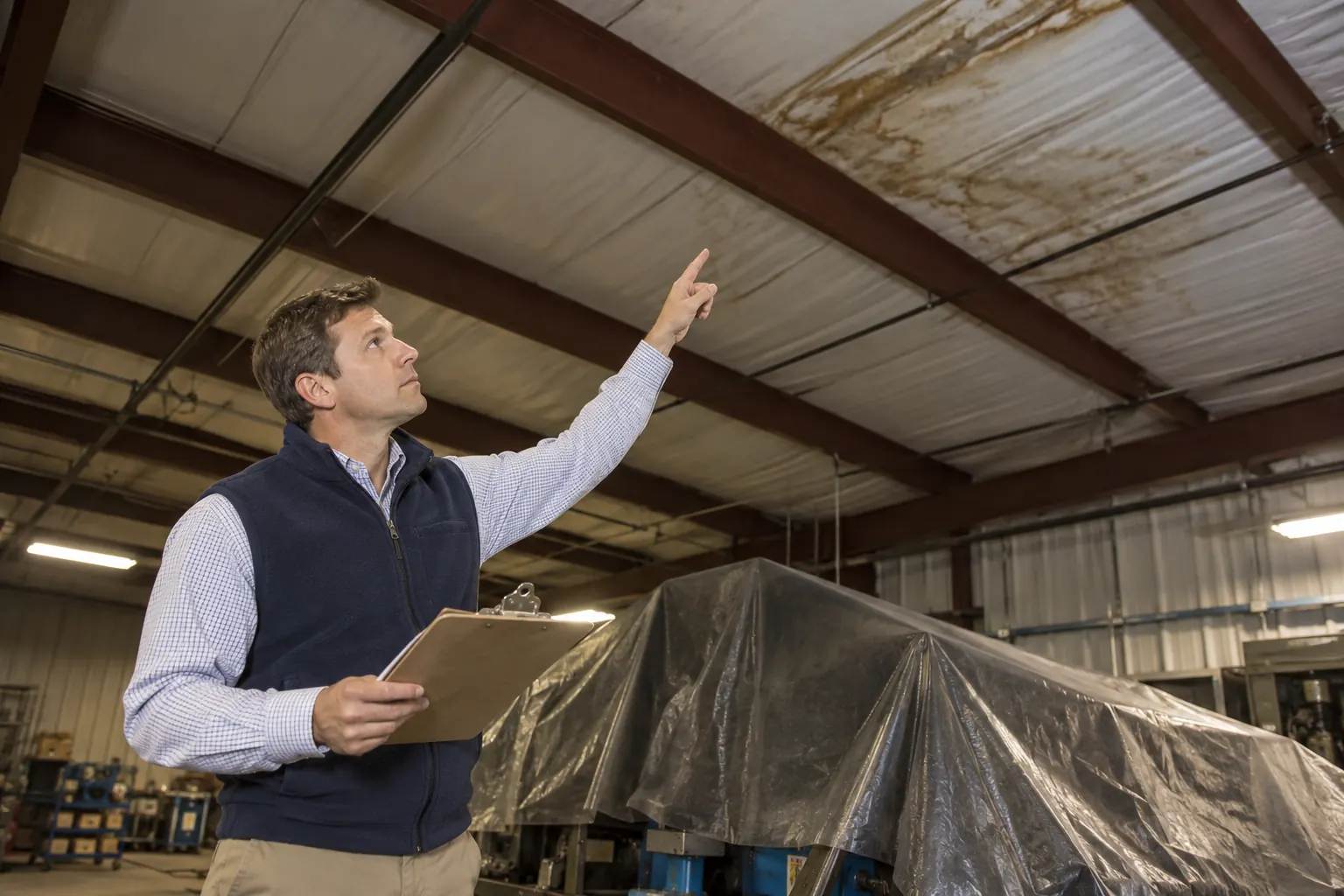 Facility manager pointing to a stained metal roof deck inside a warehouse