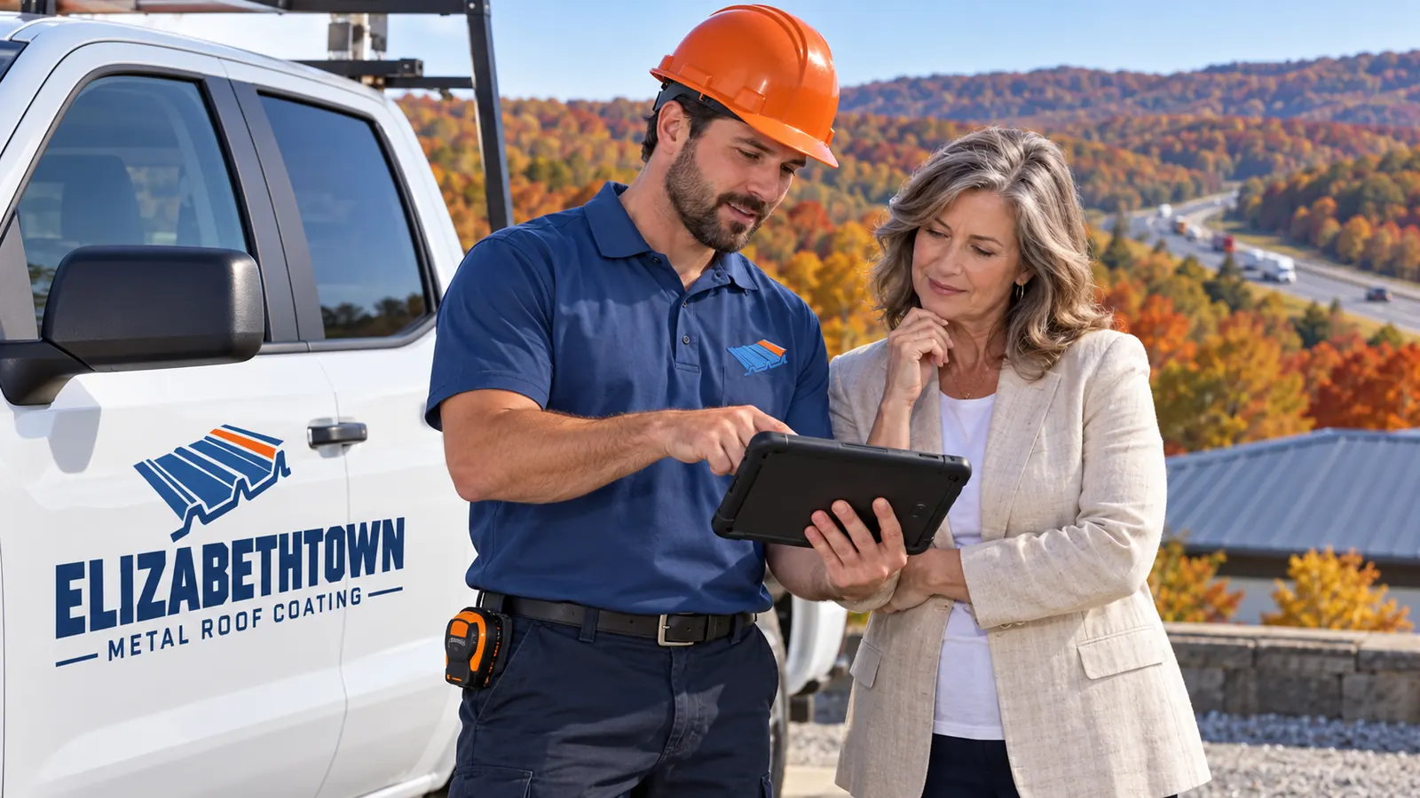 Roofer planning a roof visit on a tablet with a property owner